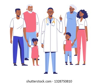 Family Doctor Concept With Ethnic Patients. Happy African American Family Mother, Father, Children, Grandfather, Grandmother Standing Together With Young Black Practitioner Man
