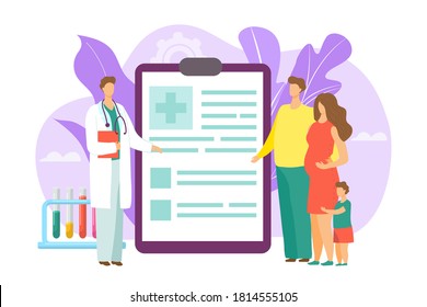 Family doctor concept, healthcare, medical care vector illustration. Pediatric doctor. Family with kid pediatric medical aid, physician doctor with patients. Professional medicine consultation.