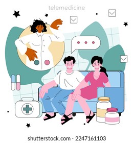 Family doctor concept. Modern medicine treatment, expertize and diagnostic. Medical specialist consultation, telemedicine or house call. Flat vector illustration