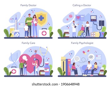 Family doctor concept set. Healthcare, modern medicine treatment, expertize and diagnostic. Medical specialist in the uniform. Medical treatment and recovery. Flat vector illustration