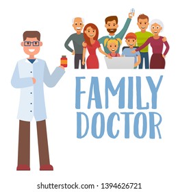 Family Doctor Concept With Young Practitione Banner Vector Illustration. Doctor In Uniform Holding Bottle Of Pills. Members Such As Children, Mother, Father, Grandparents.