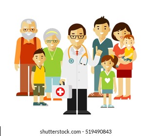 Family doctor concept with young practitioner and happy patients in flat style isolated on white background. Doctor standing together with father, mother, children and grandparents.