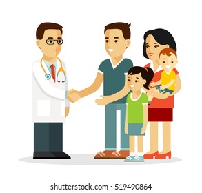 Family doctor concept with young practitioner and happy patients in flat style isolated on white background. Doctor shake hands with father. Mother and children standing together and smiling.