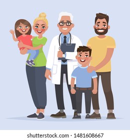 Family doctor or dentist and mom dad with children. Vector illustration in cartoon style