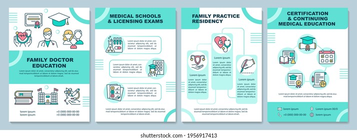 Family doctor education brochure template. Medical schools. Flyer, booklet, leaflet print, cover design with linear icons. Vector layouts for presentation, annual reports, advertisement pages