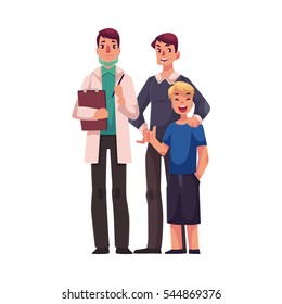 Family doctor with father and son standing together, cartoon vector illustration isolated on white background. Full length portrait of family male doctor in white lab coat, teenage boy and his father