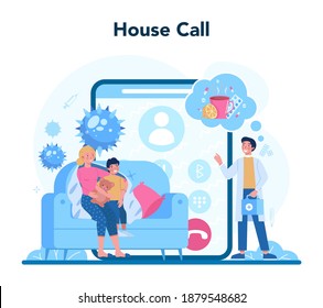 Family doctor and general healthcare online service or platform. Idea of doctor taking care about patient health. House call. Vector illustration