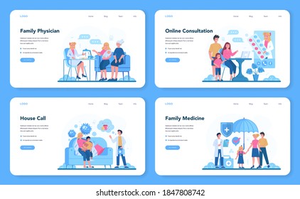 Family doctor and general healthcare web banner or landing page set. Idea of doctor taking care about patient health. Medical treatment and recovery. illustration in cartoon style