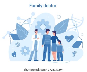 Family doctor and generel healthcare concept. Idea of doctor caring about patient health. Medical treatment and recovery. illustration in cartoon style