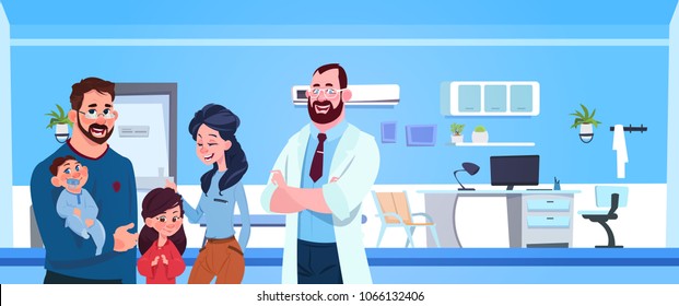 Family Doctor With Happy Parents And Kids Over Over Pediatrician Hospital Room Background