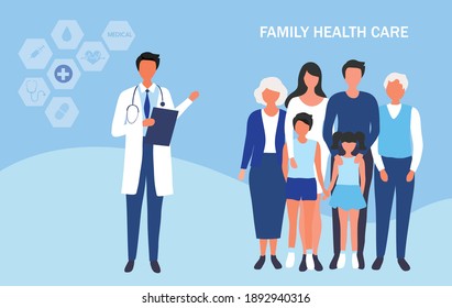 Family doctor health care concept, mother, father, children and older people visiting doctor to check their health vector illustration. Medical family health care concept