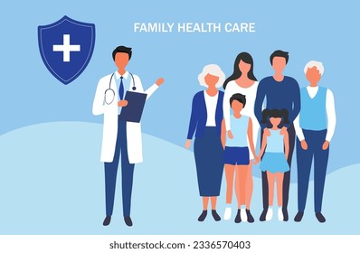 Family doctor health care concept, mother, father, children and older people visiting doctor to check their health vector illustration. Medical family health care concept