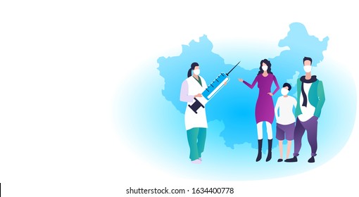 family doctor holding syringe vaccine to prevent epidemic MERS-CoV virus concept wuhan coronavirus 2019-nCoV pandemic medical health risk chinese map background full length horizontal vector
