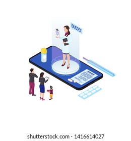 Family Doctor Hologram Isometric Illustration. Cartoon Parents And Child Communicating With Remote General Practitioner. Telemedicine Specialist Making Prescription Online, Consulting Patients 