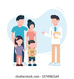 Family doctor illustration. Healthcare medical service web site design. Parents And Kids visiting the pediatrician doctor, came to clinic or hospital. Flat character dentist vector  banner