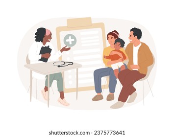 Family doctor isolated concept vector illustration. Visit your doctor, medical family practice, primary healthcare provider, general practitioner, physician service, insurance vector concept.