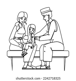 family doctor line pencil drawing vector. medicine patient, care hospital, child clinic, medica, pediatrician, healthy mother, visit family doctor character. people Illustration