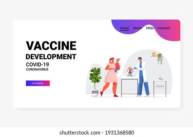 family doctor in mask vaccinating child patient to fight against coronavirus vaccine development medical immunization campaign concept full length horizontal vector illustration