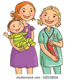 Family doctor and Mother with baby. Isolated objects on white background. Great illustration for school books. magazines, advertising and more. VECTOR.