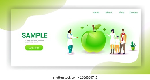 family doctor nutritionist explaining to patients properties of apple fruit healthy lifestyle nutrition medical consultation concept horizontal copy space full length vector illustration