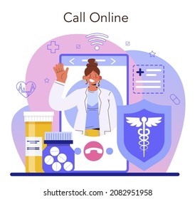 Family doctor online service or platform. Healthcare, modern medicine treatment, expertize and diagnostic. Online call. Flat vector illustration