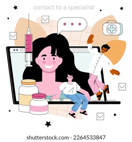 Family doctor online service or platform. Doctor consultation, telemedicine or house call. Contacts. Flat vector illustration