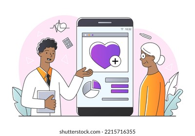 Family doctor online. Specialist advises patient. Diagnosis and choice of treatment method on Internet. Application and program. Modern technologies and digital world. Cartoon flat vector illustration