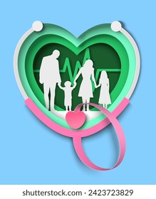 Family doctor paper cut poster with happy parents, children standing together, stethoscope and heart paper cut design. Clinic background for healthcare and world health day awareness