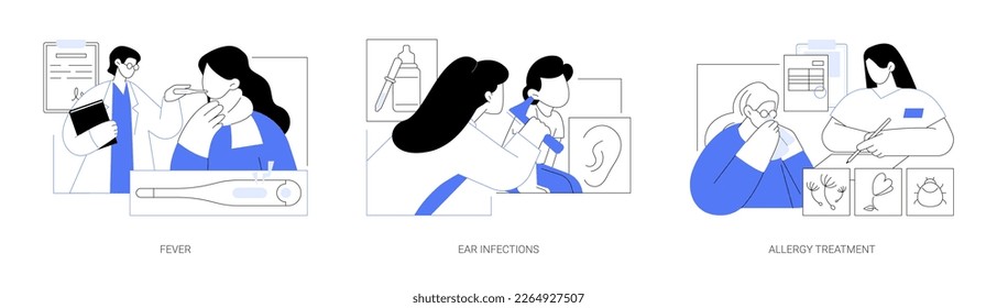 Family doctor patients complaints abstract concept vector illustration set. Fever and ear infections, allergy and otitis treatment, flu and cold, patient with high temperature abstract metaphor.