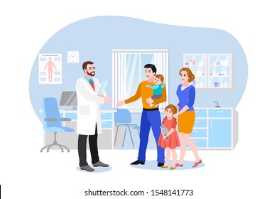 Family doctor with patients in hospital office. Vector flat cartoon illustration. Medical consultation of therapist or pediatrician in clinic. Healthcare concept.