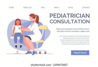 Family doctor, pediatrician, healthy childhood, medical examination. Help and advice from physician. Vector characters flat cartoon illustration. Landing page template.
