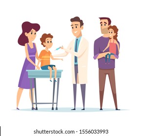 Family doctor. Pediatrician, vaccination vector illustration. Happy family and doctor characters. Kids immunization, medical help