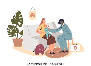 Family doctor pediatrician visiting sick kid at home. Medical practitioner examining ill little child. Home treatment and pediatrics medicine concept. Cartoon flat vector illustration