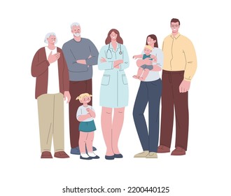 Family doctor. Physician care people different age, nurse and patients smile. Human health from baby to senior, people group and hospital professional kicky vector scene