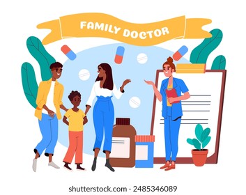 Family doctor poster. Girl in uniform takes father, mother and son. Parenthood and childhood. Healthcare and medicine. Pediatrician and therapist. Flat vector illustration isolated on white background