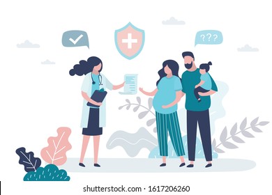 Family doctor. Pregnant woman at the gynecologist's appointment. Consultation and recommendations of a physician. Prenatal medicine,female and male characters. Trendy vector illustration