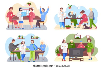 Family doctor scenes set. Medicine, health care concept illustration. Medic in white coat holding a paper sheet standing in the room with patient and happy people sitting at a table playing board game