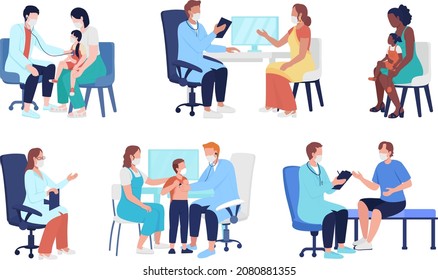 Family Doctor Semi Flat Color Vector Character Set. Posing Figures. Full Body People On White. Healthcare Isolated Modern Cartoon Style Illustration For Graphic Design And Animation Collection