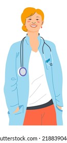 Family doctor with stethoscope, isolated portrait of smiling female character working in hospital or clinics. General practitioner, professional treating patients and curing. Vector in flat style