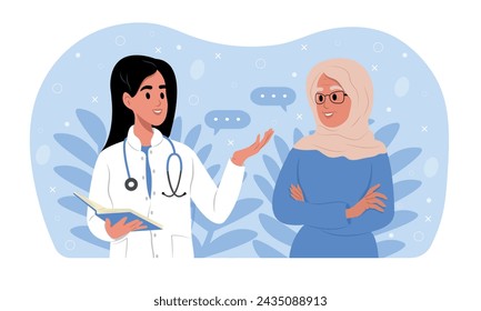 A family doctor is talking to an elderly woman in a hijab. Elderly awareness of Alzheimer's disease, cardiovascular disease, cancer, osteoporosis, arthritis, Parkinson's disease, diabetes.