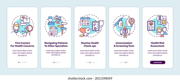 Family doctor tasks onboarding mobile app page screen with concepts. Healthcare walkthrough 5 steps graphic instructions. UI, UX, GUI vector template with linear color illustrations