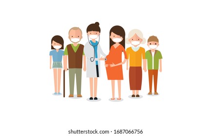 Family doctor vector illustration. Big family with doctor vector design. Deadly type of virus 2019-nCoV Human vs virus