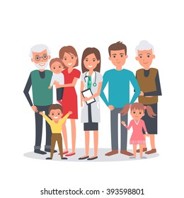 Family doctor vector illustration. Big family with doctor. Family portrait isolated on white background.