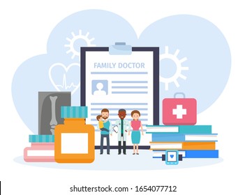 Family doctor vector illustration concept. family with doctor. Vector illustration in flat illustration.