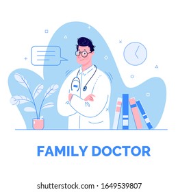 Family doctor vector template. Brochure design, cover, poster layout, flyer for advertising medical services, information for patients.