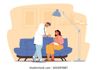 Family Doctor Visit Baby for Checkup, Pediatrician Doctor Character Examine Sick Child with Mom at Home, Otolaryngologist Neonatologist with Stethoscope Appointment. Cartoon People Vector Illustration