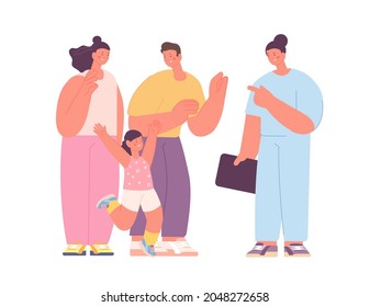 Family doctor visit. Cute smiling people, happy jumpin child patient. Health care, physician or dentist and parents with child utter vector scene