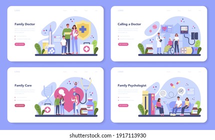 Family doctor web banner or landing page set. Healthcare, modern medicine treatment, expertize and diagnostic. Medical treatment and recovery. Flat vector illustration