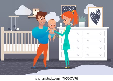 Family doctor woman listening to baby's stethoscope on father's hands. Father with child and doctor at home in the children's room