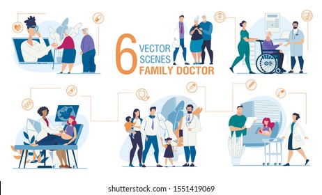 Family Doctor Work Trendy Flat Vector Scenes Set. Parents with Kids Visiting Pediatrician, Nurse and Old Man on Wheelchair, Doctor Screening Pregnant Woman, Advising Senior Couple Online Illustration